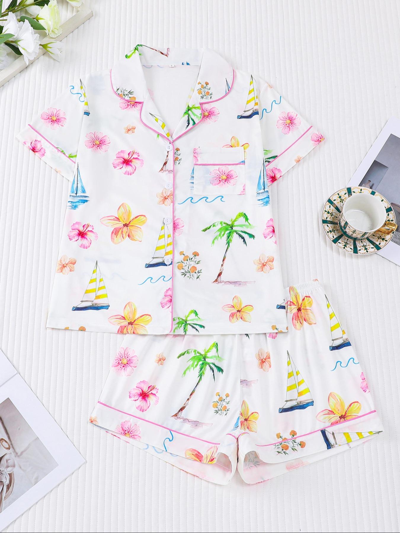 Women's Hawaiian flower Print Pajama Set, 2 Piece Summer Sleepwear, Comfortable Shirt Collar Short Sleeve Top & Elastic Shorts