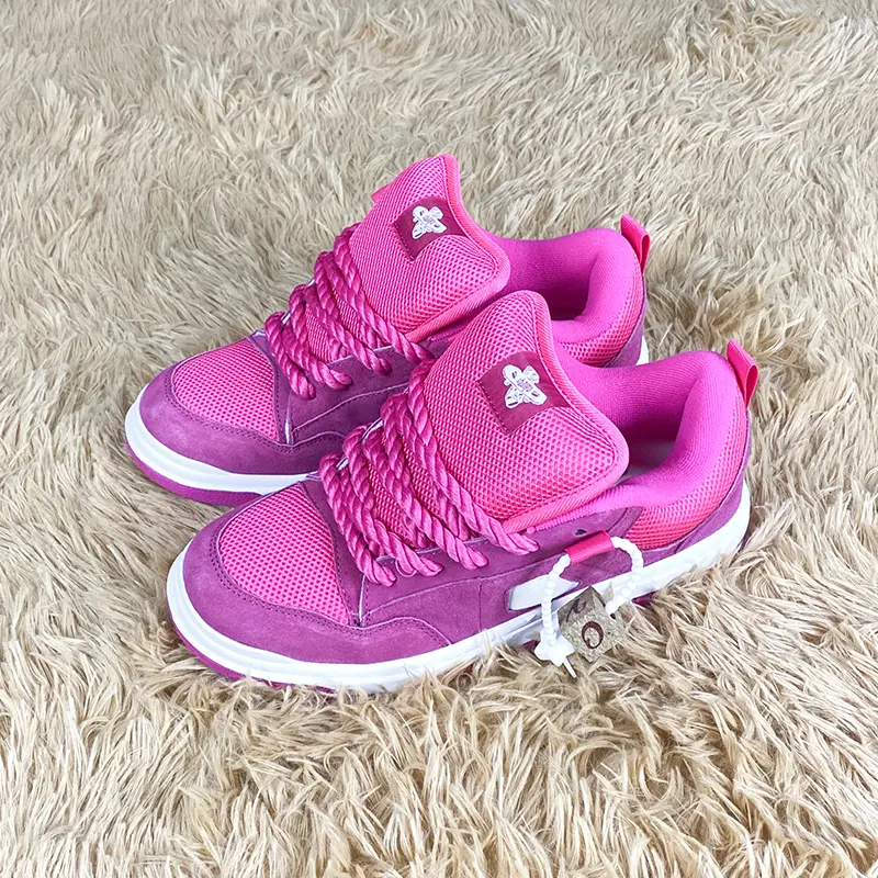 Hot Pink Magenta Suede Mesh Platform Skate Sneakers for Women, Thick Twisted Rope Laces Decorative Tag Y2K Hip Hop Street Casual Board Shoes, Trendy Height Increase Walking Footwear for Teen Girls