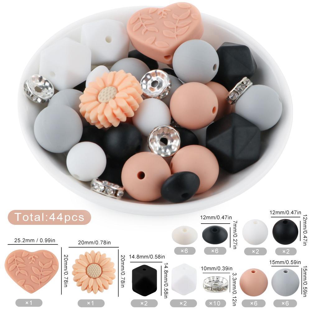 Silicone Beads Kit, 44pcs/set, Beads for bracelets, DIY Beads for Bracelet Necklace Jewelry Making, DIY Beading Accessories, Jewelry Making Supplies, DIY Mix Beads, Bead Assortment, Decorative Beads, Craft Beads