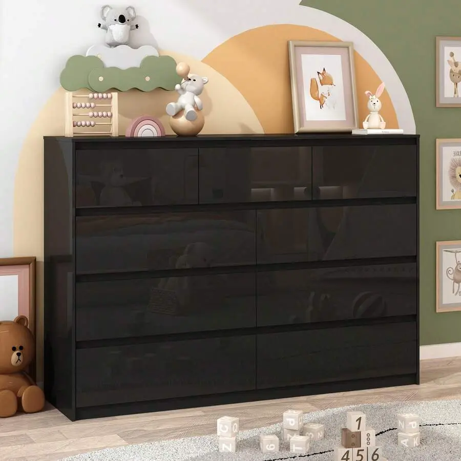 Modern Black Malm Dresser - 59"Wide 9 Drawers, Gloss, Handle Free Bedroom And More
