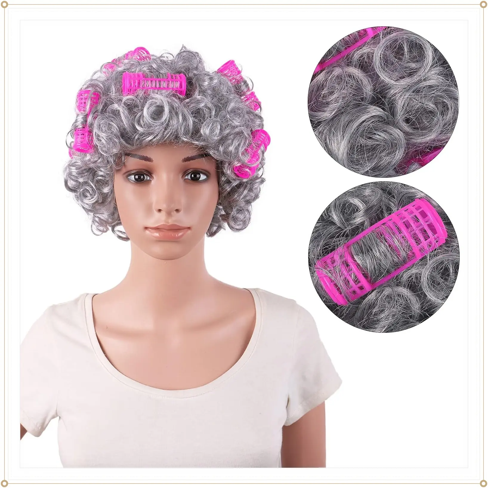 4 Inch Curly Elderly Costume Granny Hair Lady Wig, Silver Grey | 11 cm Grandmother Hair, with Rollers, CosplayGift