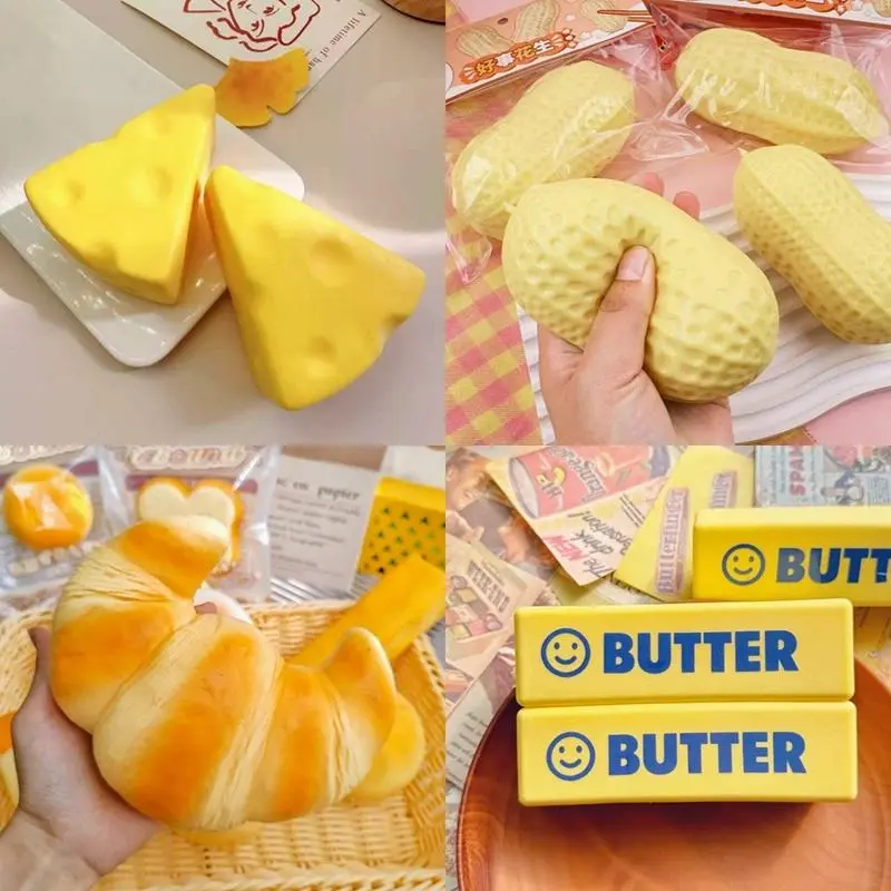Squishy Bread Croissant Toast Cheese Squeezing Pressure Toy Stress Relief Pinch Fun Soft Slow Rebound Playing Relaxed Gift