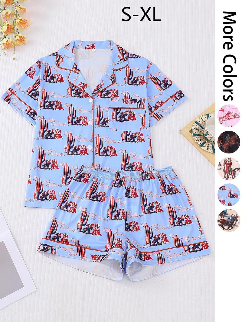 Women's All Over Cowboy Print Lapel Shirt & Shorts Pajama Two-piece Set, Casual Comfy Short Sleeve Top & Shorts PJ Set, Ladies Summer Sleepwear