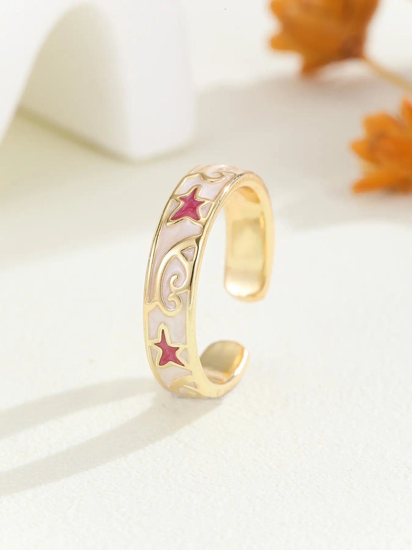 Vintage Cloisonne Enamel Open Ring for Women Girls, Gold Plated Star Cloud Adjustable Ring, Celestial Wedding Band, Cute Sweet Palace Aesthetic Ethnic Jewelry Gift for Birthday Anniversary Party
