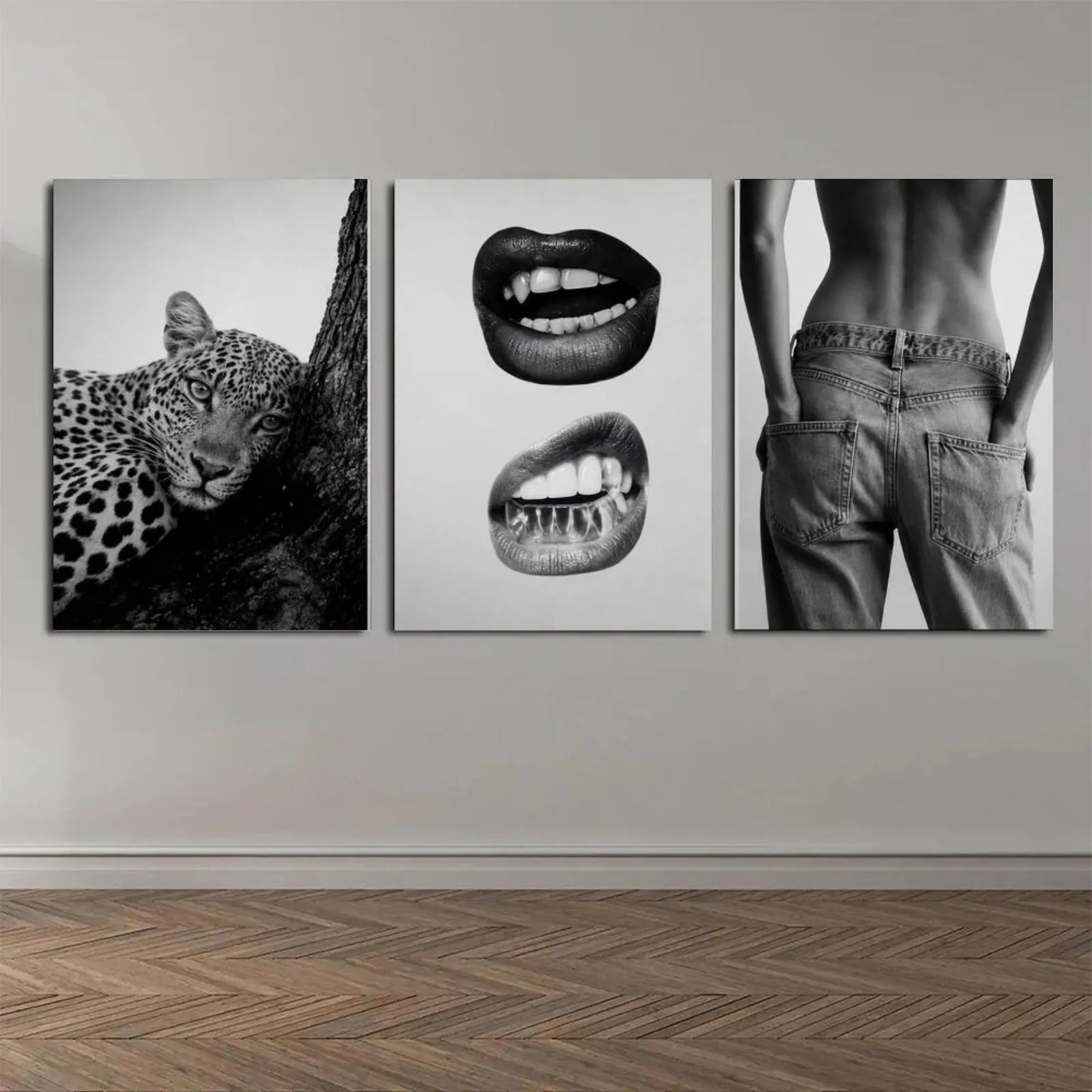 3-Piece Vampire Leopard Print Lips Canvas Art Posters - Lightweight Framed Wall Decor for Women's Lounge, Modern Monochrome Home Decor for Bedroom Living Room, Frames