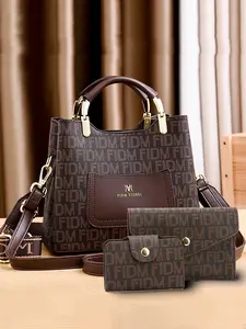 New Fashion Versatile Letter Print PU Messenger Bag, Large Capacity Three-Piece Set, Casual Style for All Seasons