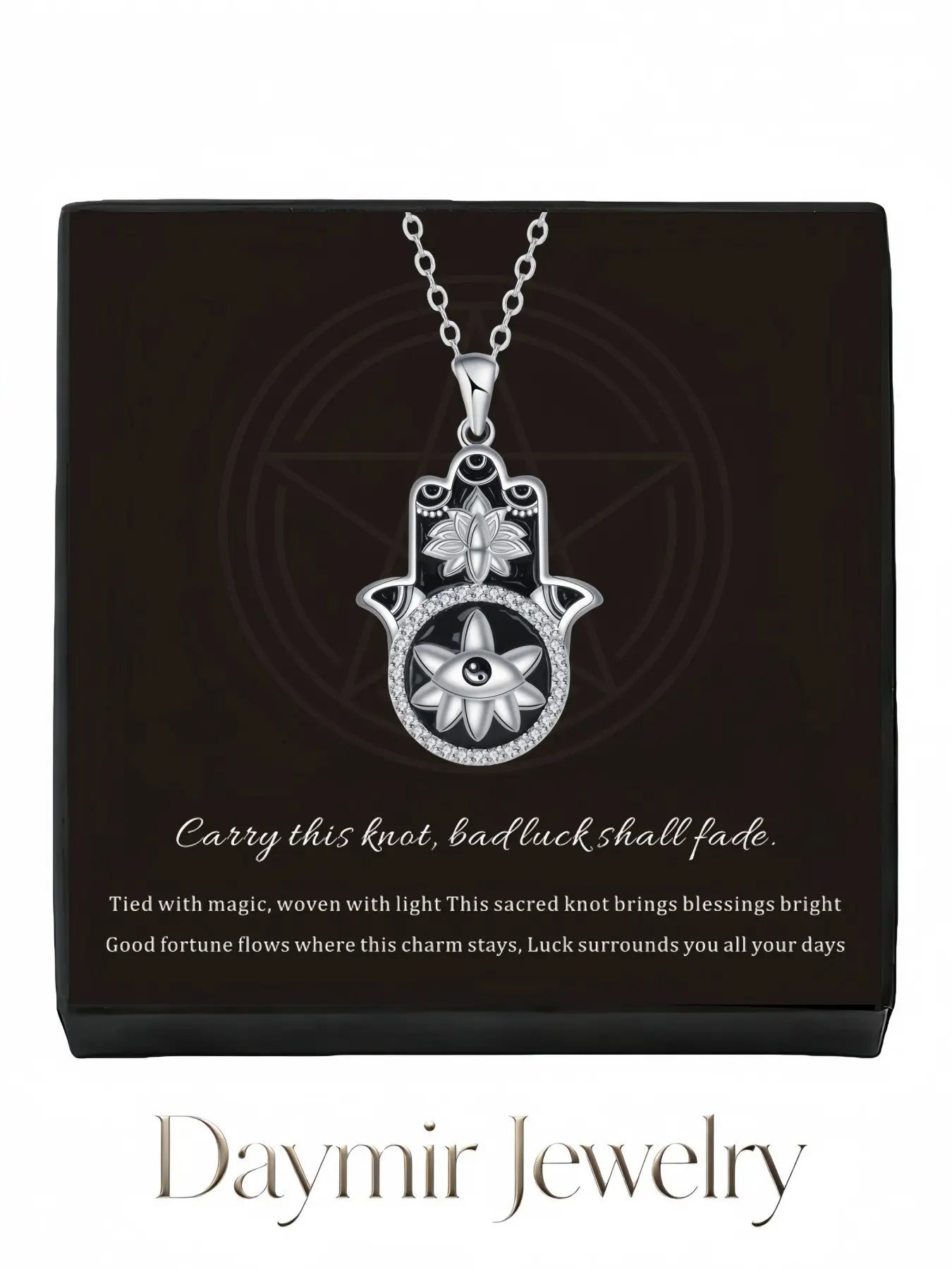 "Ink Lotus Fatima Necklace" Vintage premium necklace with Fatima hand pendant, perfect daily lucky ornament. An elegant mysterious gift option for holidays and Valentine's Day.