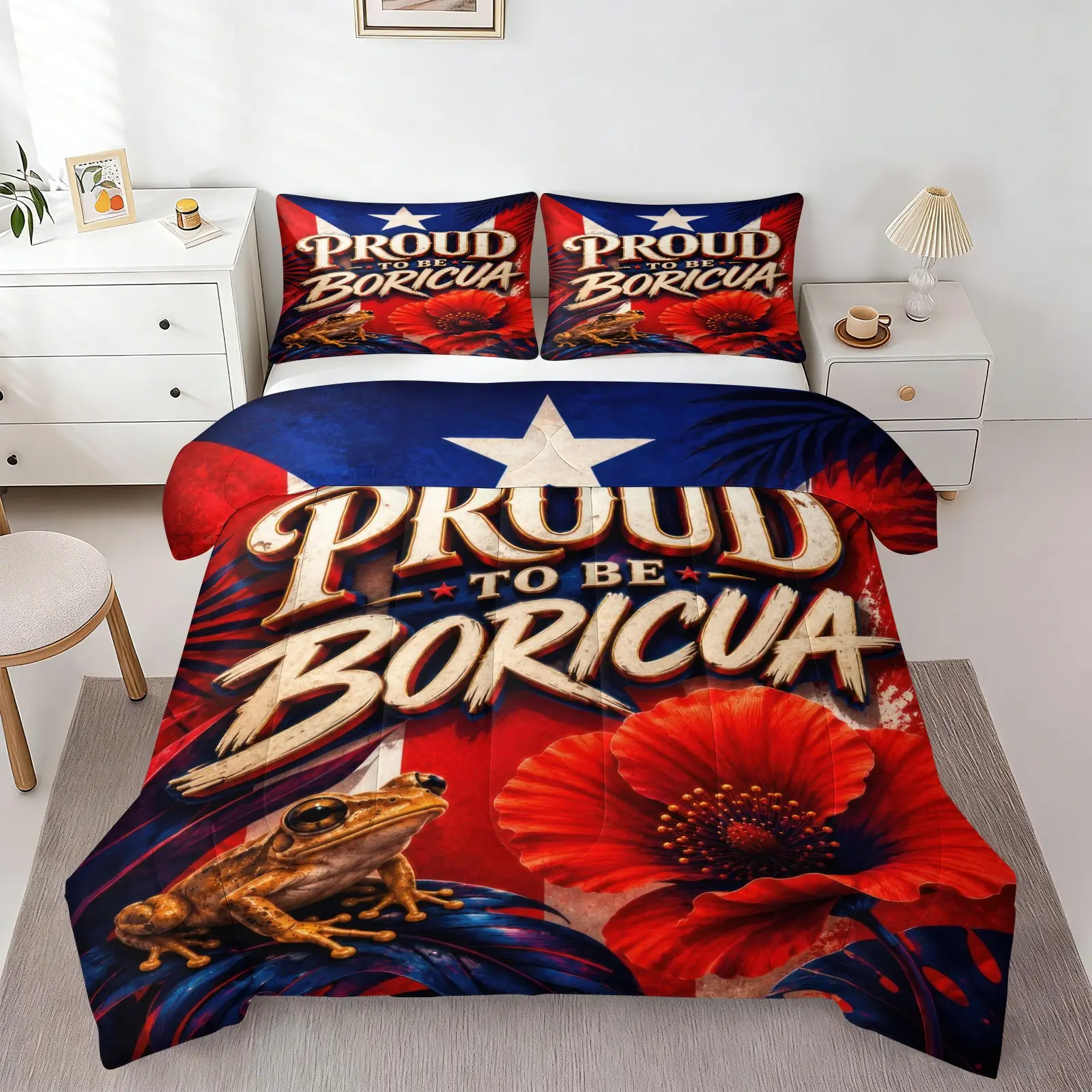 Proud Boricua Puerto Rico Comforter Set, Tropical National Flag Print Bedding Set, 1 Quilt & 1/2 Pillowcases No Pillow Insert, Soft Lightweight All Season for Adults Puerto Rican Home Bedroom Decor, Family Daily Use