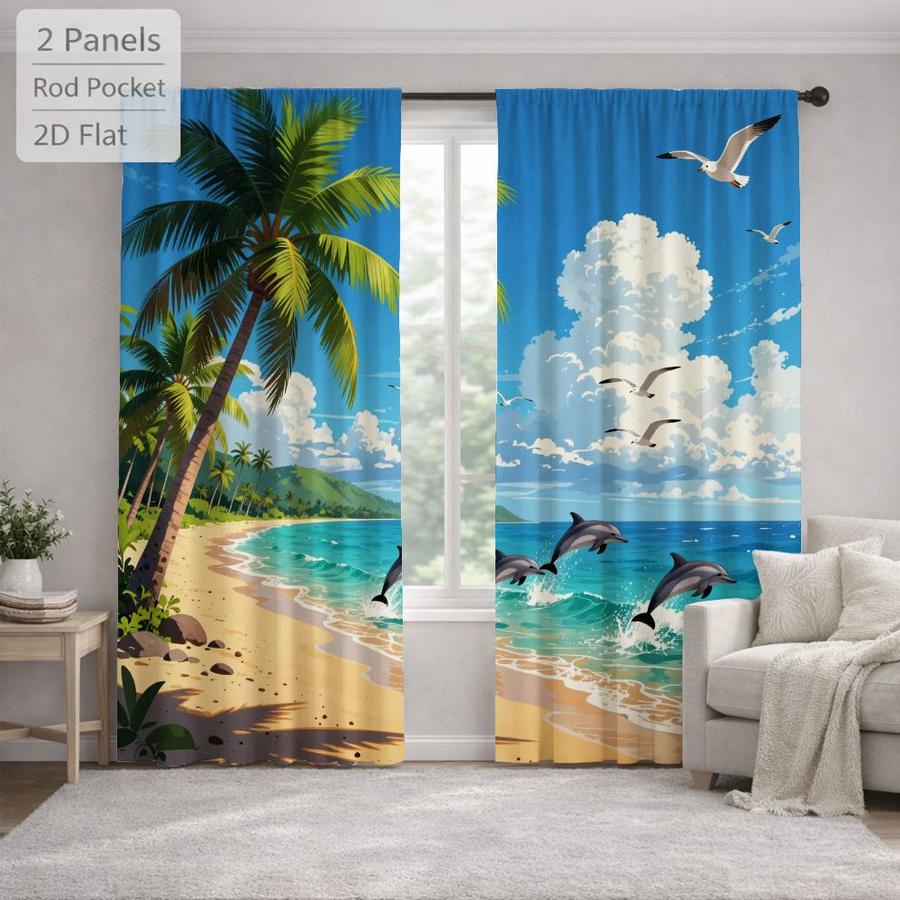 2Pcs Coastal Style Beach Scene Dolphin Seagull Palm Tree Sun Blocking Curtains Digital Printed Rod Pocket, Window Treatment For Bedroom Office Kitchen Living Room Study Home Decor