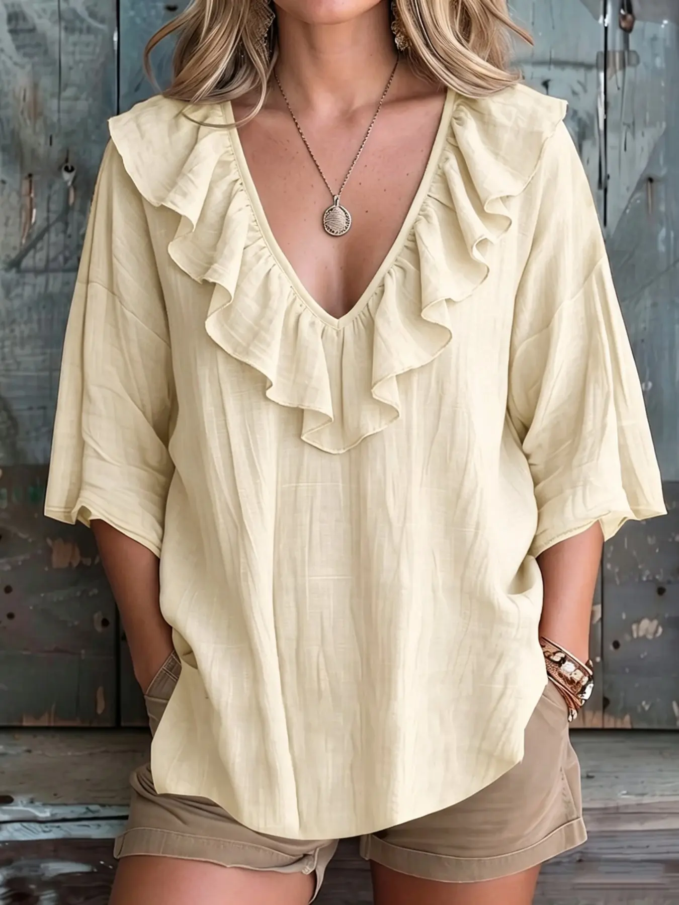 Women's Plus Size Solid Color Loose Fit Casual Ruffle V-Neck Short Sleeve Top T-Shirt, Comfortable and Stylish Summer Wear