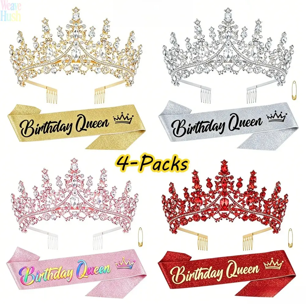 4Packs 2026 Birthday Queen Accessory Set, Rhinestone Tiara Crown, Birthday Sash with Pin & Celebration Headband, Sparkly Party Decorations, Elegant Birthday Outfit Accessories for Women, Birthday Party, Photoshoot & Special Celebration Events