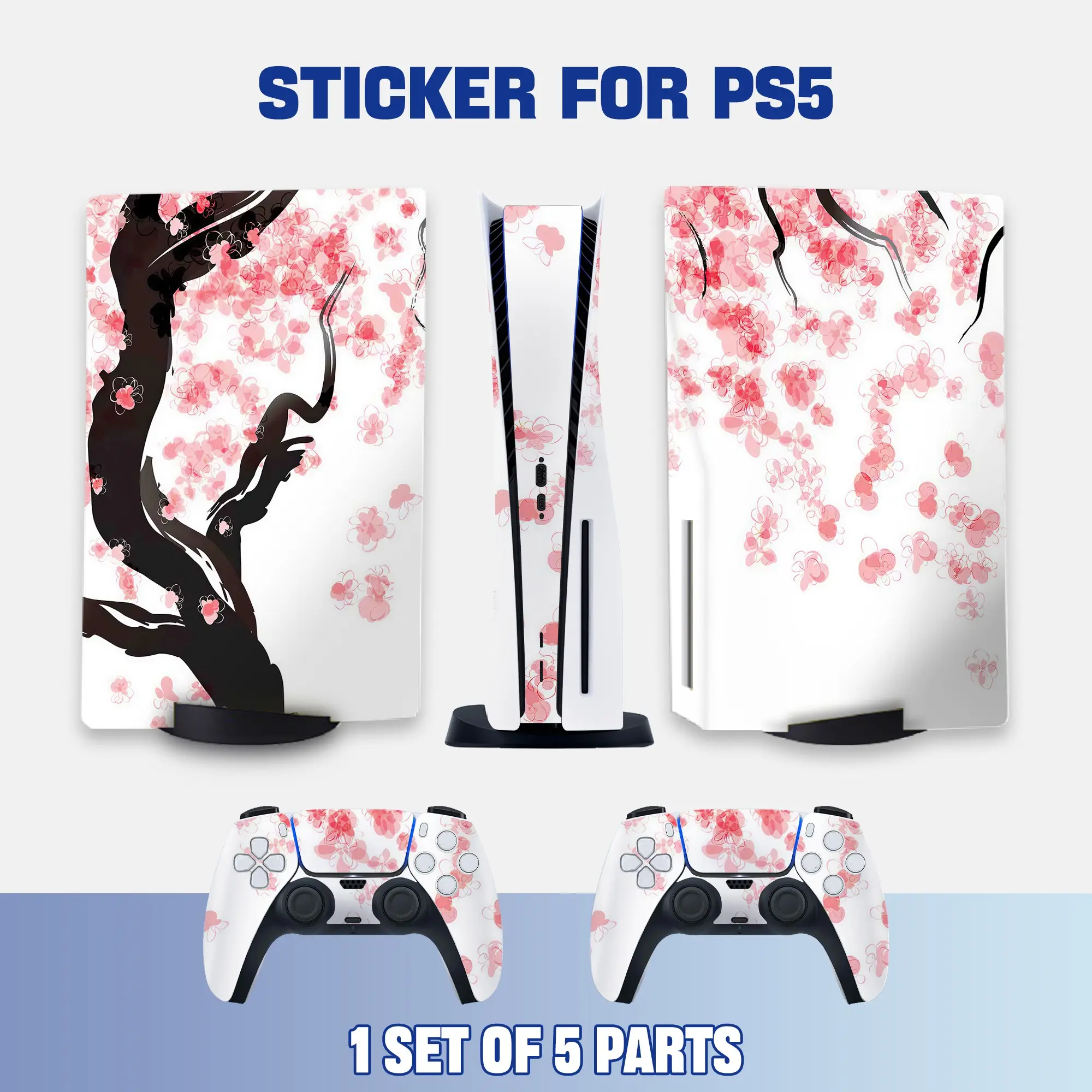 Ps5 CD Drive Console and Controller Stickers, Floral Branch Art Vinyl Protective Film, Waterproof Scratch-Resistant, Removable Without Residue