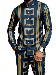 Men's Two-Piece Casual Set, Long-Sleeve Stripe Shirt and Long Pants with Stand Collar, Multi-Color Outfit for Parties and Spring–Autumn Wear, Multifunctional Casual Outfit Set