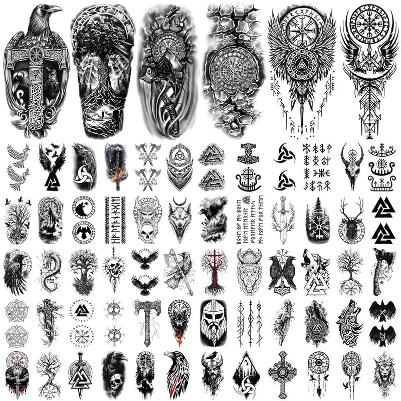 77 Sheets Viking Temporary Tattoos Adult Kids, Viking Pirate Tribal Totem Fake Tattoos Stickers, Nordic Norse Celtic Half Arm Sleeve Tattoos Body Art for Women Men