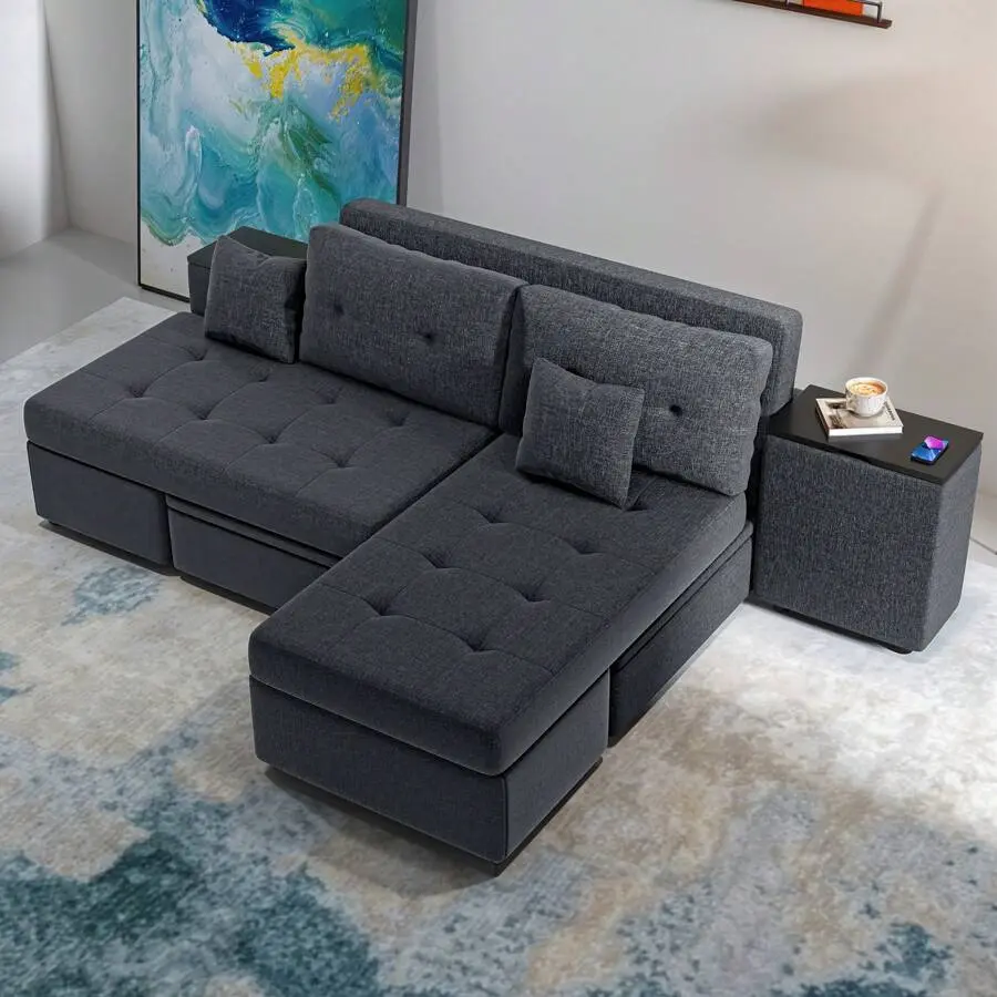 5 In 1 Sleeper Sofa Couch Bed Upholstered Tufted Convertible Futon Sofa  With 2 Storage Cabinets Living Room Apartment