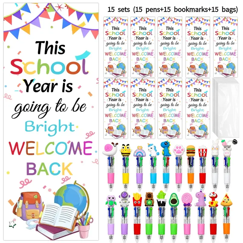 Back to School Bulk Gift Set, 15set (15 Cute 4-Color Random Pens + 15 Inspirational Bookmarks) Classroom Reward Gift Set, Ideal First Day of School Presents Teachers Give, Daily Study, Top Choice of Gifts for Class Parties, Friends and Family