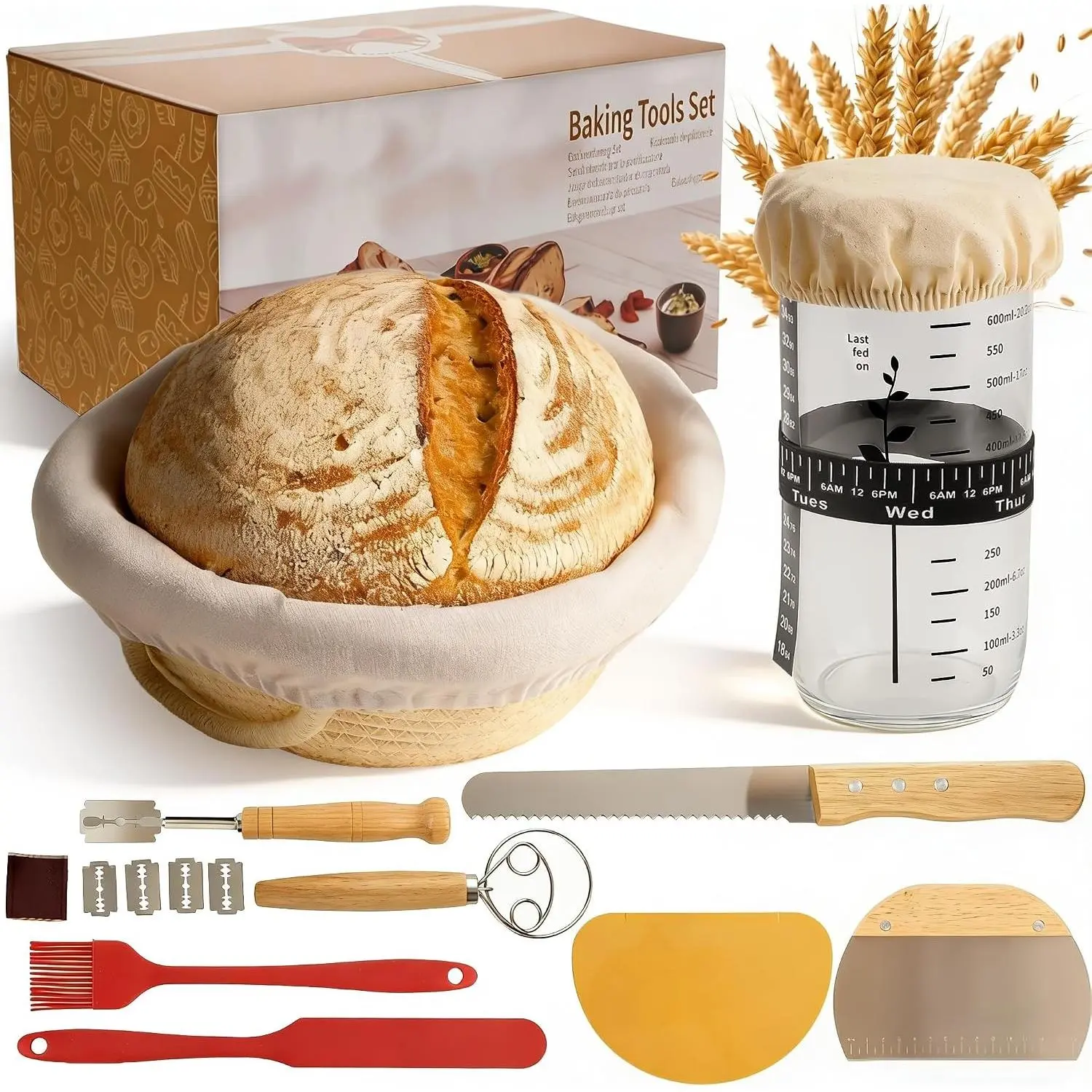 Sourdough Starter Kit with 24oz Jar, Round Cotton Rope Banneton Basket, Bread Knife, Liner & Cover, Breathable Washable Cotton Basket – Easy No-Fail Baking Set, Gift for Home Bakers