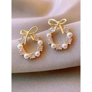 Faux Pearl & Rhinestone Decorated Bow Design Stud Earrings (1 Pair), High Quality Earrings, Elegant Cute Jewelry for Party, Daily Clothing Decor for Girl, Trendy All-match & Exquisite Jewelry for Birthday Gift, Zircon Stud Earrings