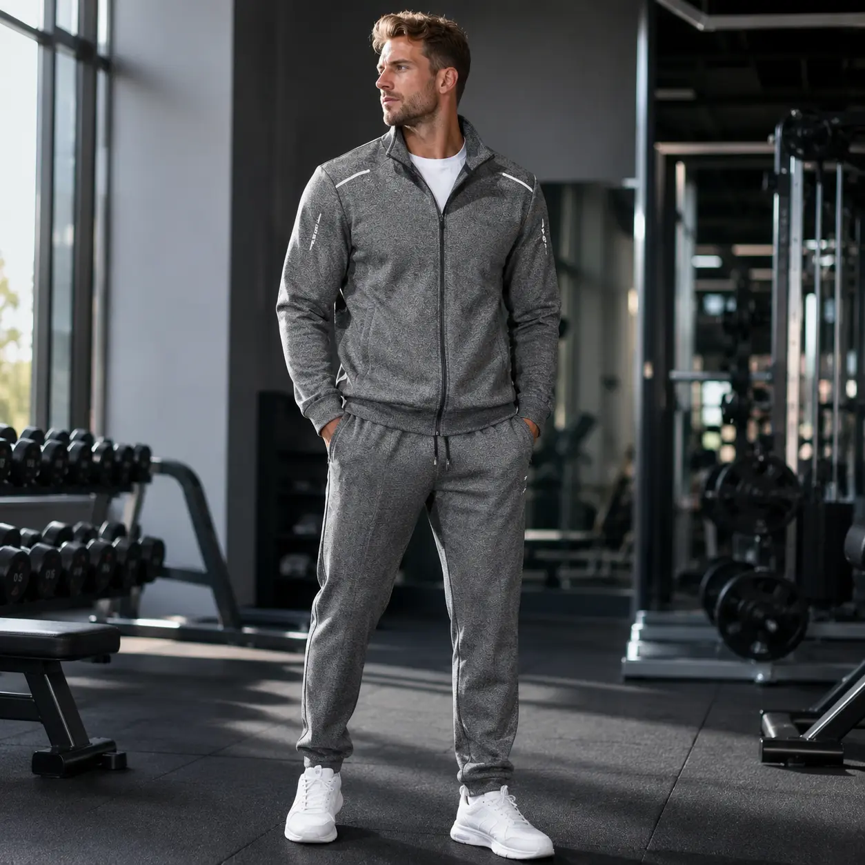 Men's Athletic Tracksuit Set Full Zip Jacket and Sweatpants Textured Performance Gym Wear Breathable Activewear Casual Everyday Comfortable Matching Set Grey Heather Streetwear Sportswear Bottoms and Tops 2-Piece Suit Quick Dry Male Fashion Clothing Appar