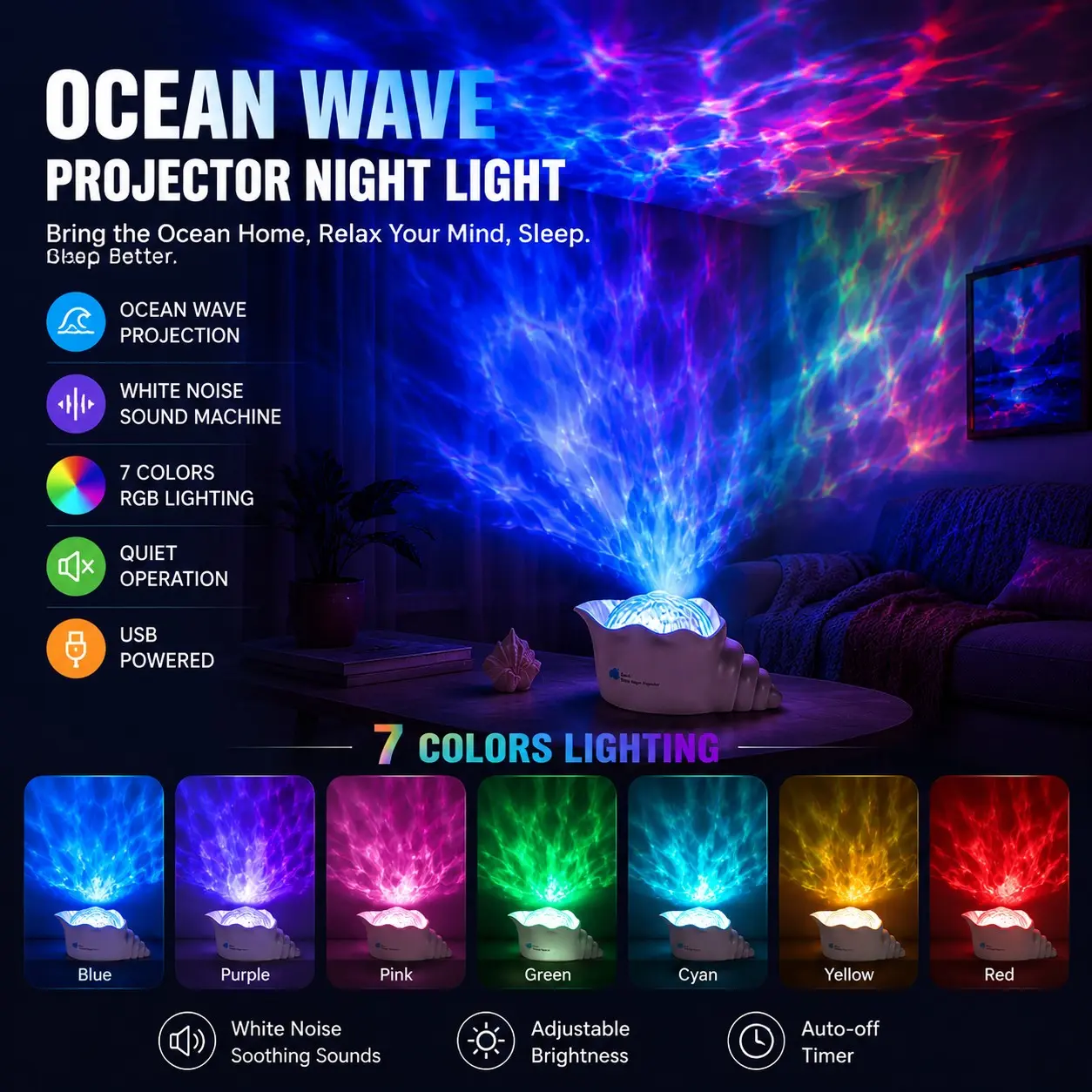 Ocean Wave Projector Night Light, Seashell Lamp with Noise, Dimmable Aurora LED Bedside Lamp for Bedroom Aesthetic Room