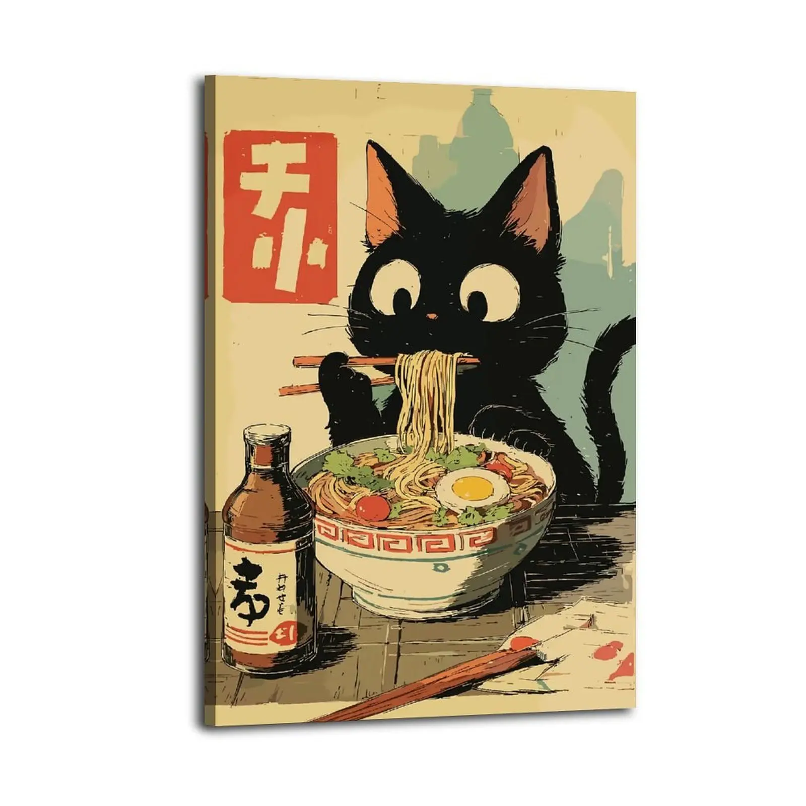 Ramen Cat Cute Black Cat Eating Noodles Canvas Prints | Bedroom Art | Bathroom Art | Trendy Wall Art | Funky Wall Art