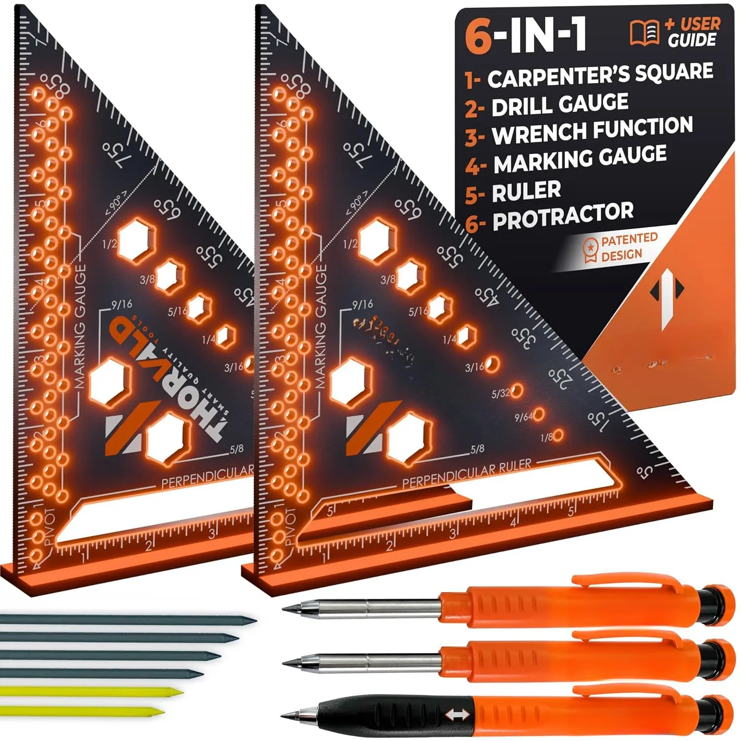 7-in Multi-Tool Set with 6-in-1 1/16" Precision Carpenter Square - Hand Measuring Tool with Wrench, Protractor, Ruler, Marking Gauge, Drill Gauge for Carpenter Hardware Needs