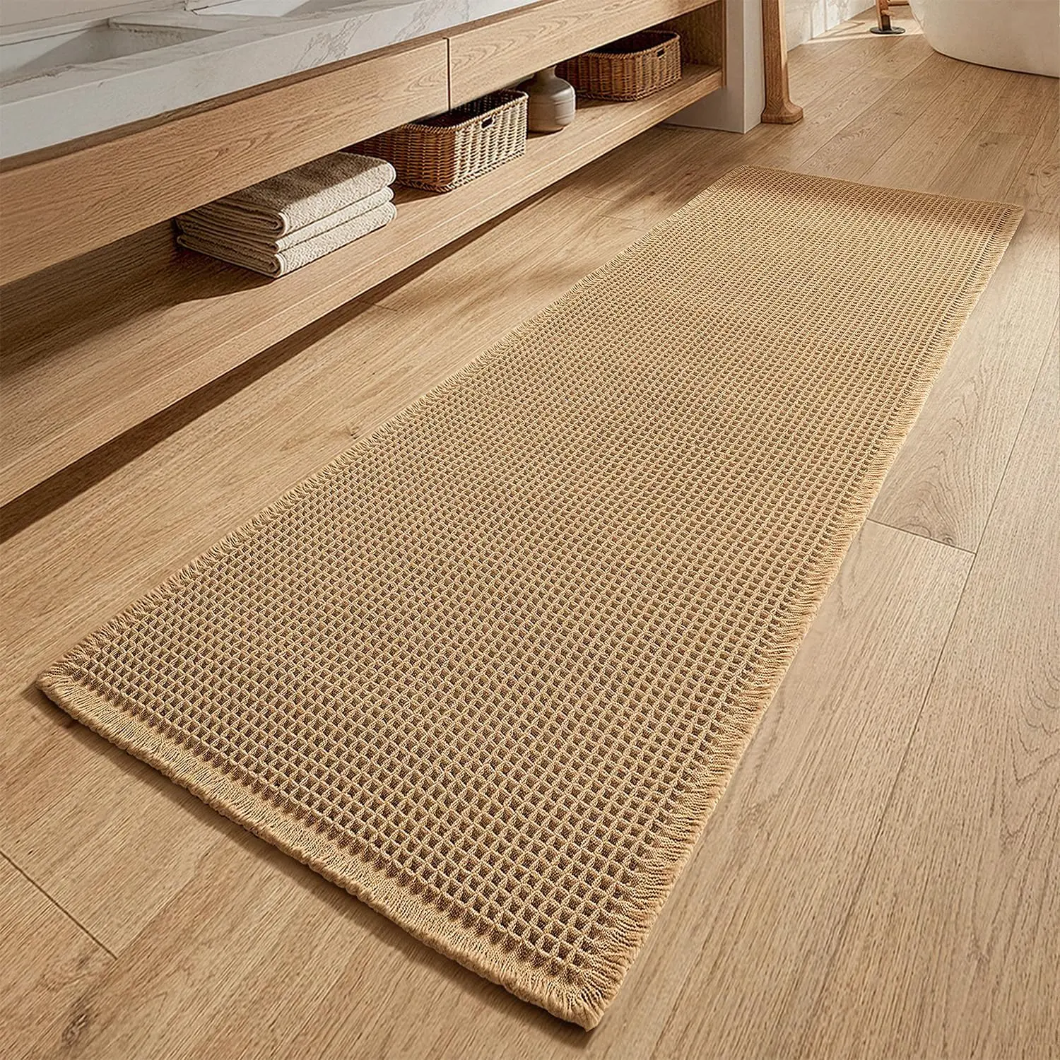 Vintage Boho Waffle Pet-Friendly Bathroom Runner Rug - Upgraded Yarns, Super Absorbent, Non-Slip, Durable, Soft Quick Dry, Machine Washable with Tassels, 2'x6' (24''X72''") Brown for Hallway, Laundry Room