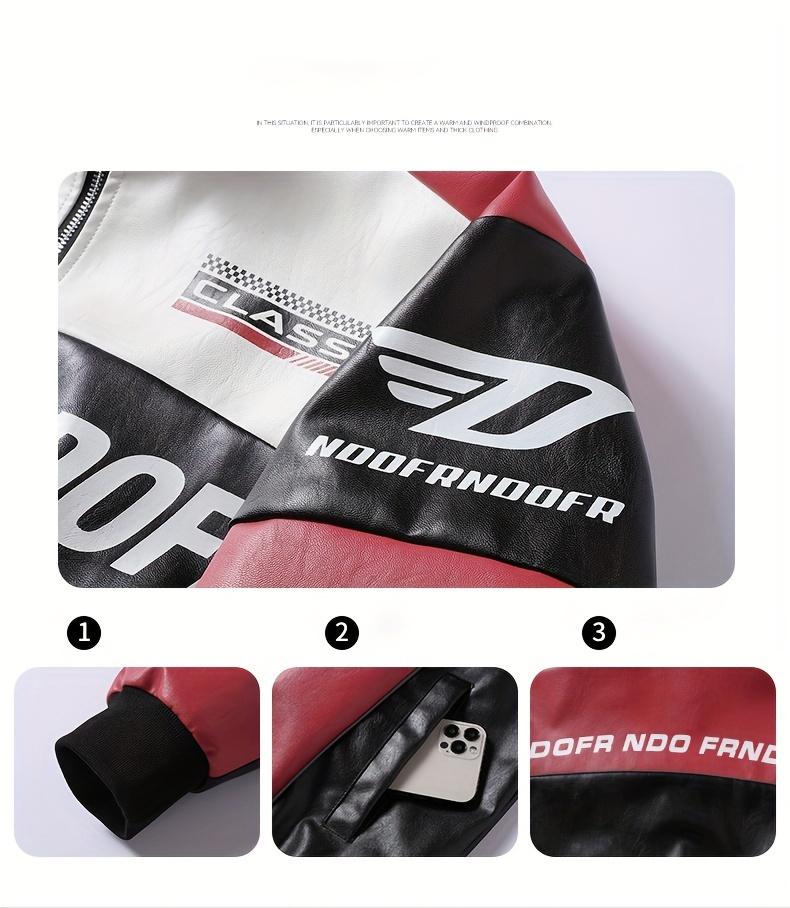 Men's PU Leather Racing Style Zip-up Jacket - Green and Black Color-block, Stand Collar and "HOOD FRENDS" Pattern Print, Casual Streetwear, Casual Clothing, Daily Jacket | Modern Casual Jacket | Smooth Leather Jacket