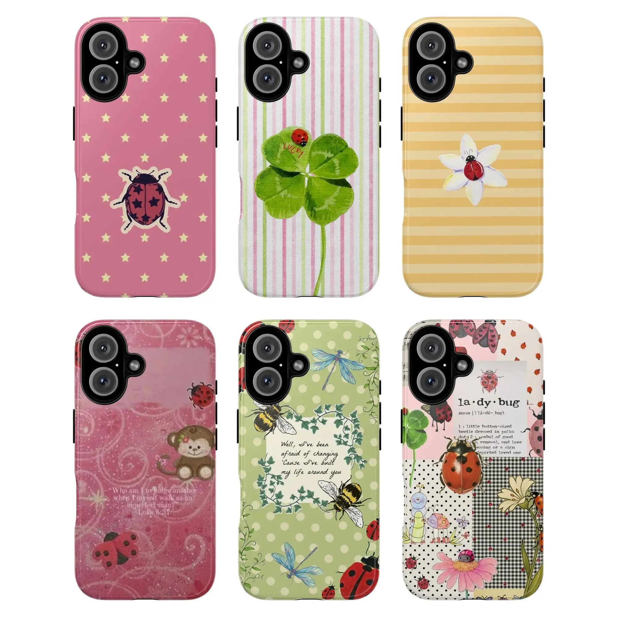 Ladybug Nature Phone Case, Cute Red Black Ladybug Design Pink Green Yellow Beige Clover Flower Daisy Teddy Bear Bees Dragonflies Patchwork Text Lucky Garden Theme Feminine Soft Artistic Retro Aesthetic Suitable for iPhone 17-11 Pro Max/Plus