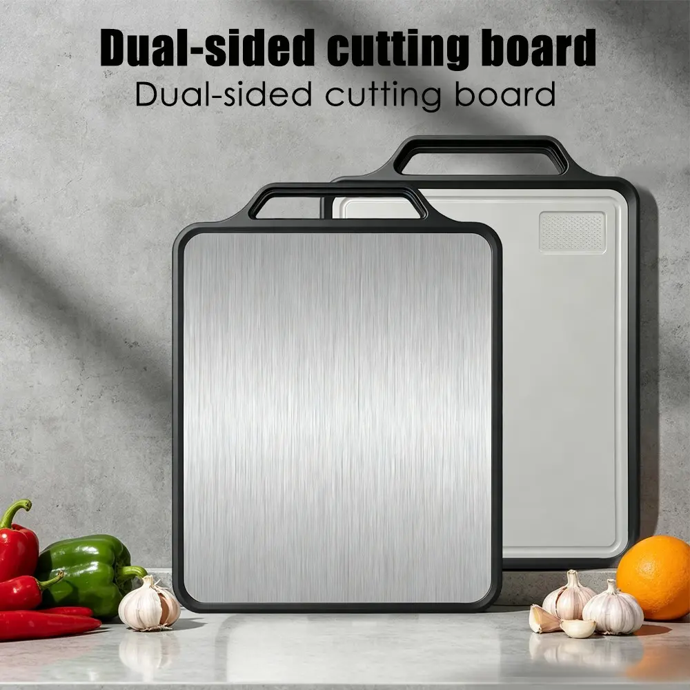 Stainless Steel Cutting Board Dual-Sided PP Plastic Chopping Board with Juice Groove and Built in Grater for Kitchen Meat Fruit Vegetable Dishwasher Safe Heavy Duty Large 15x12 Inch Vegetable Chopping Block
