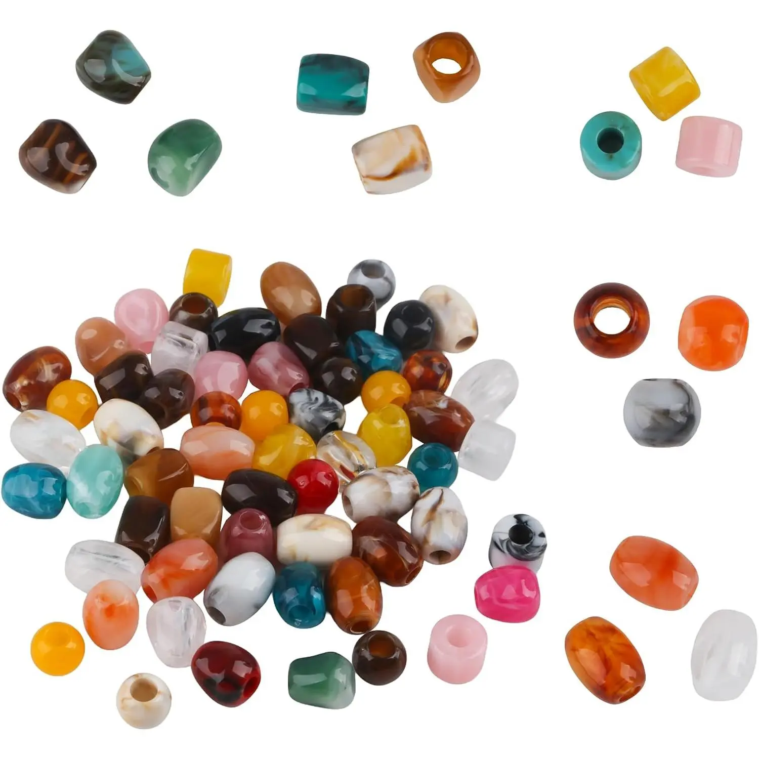 130 count  Large Hole Beads, 5 Styles  12mm Beads with Large Holes, Macrame Beads,  Barrel Beads for Hair Braids, Bracelets, Bag Charms, Keychains,  Making