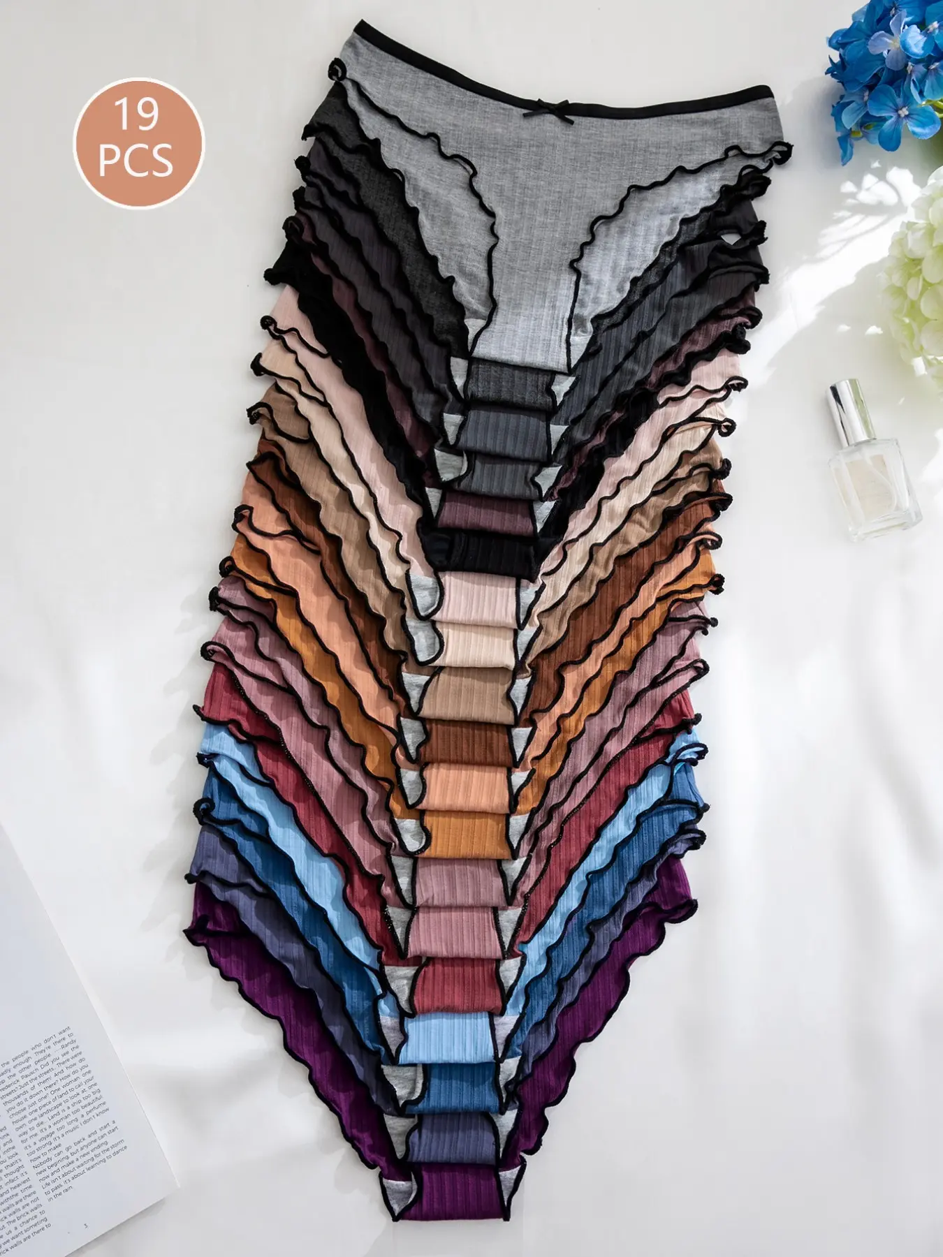19 Pcs Pleated Colorblock Bow Low Waist Triangle Pants, Cute Comfortable Breathable Elastic Underwear, Simple Casual Style, Panties