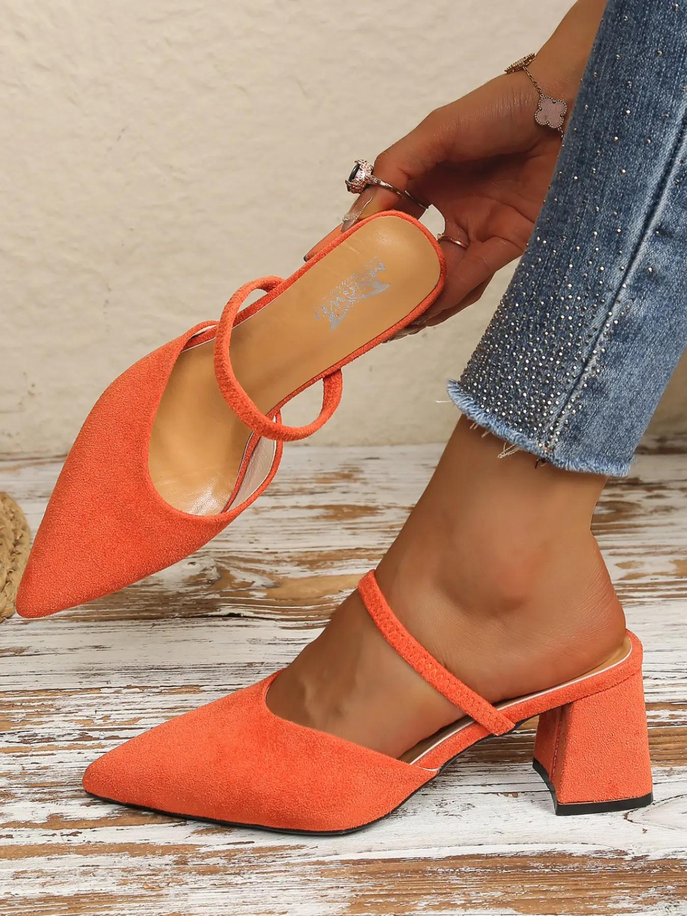 Simple Solid Color Suede Pointed Toe Backless Sandals, Thin Strap Thick Heel Slimming Women's Shoes, Office Wear Soft Style High Heels