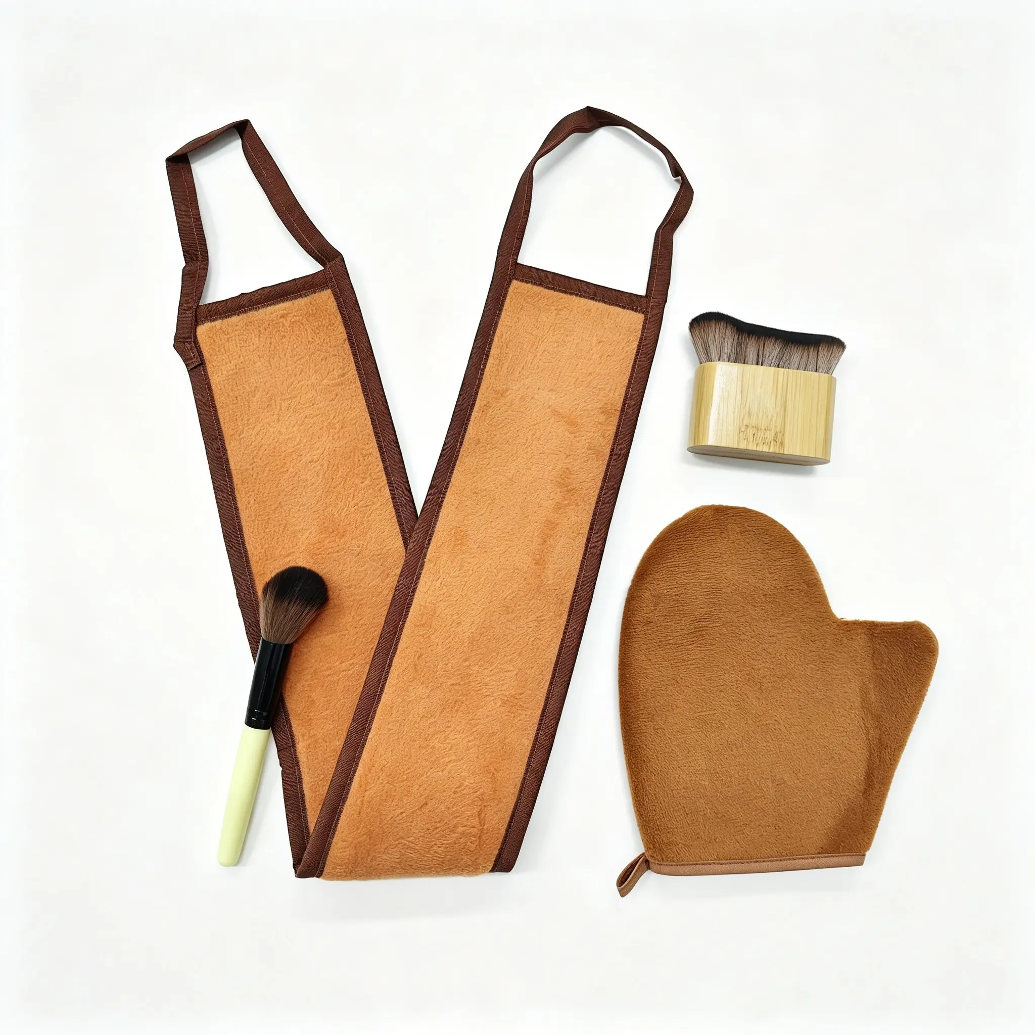 Premium Velvet Self Tan Application Set for All Skin Types, All-in-One Flawless Smooth Sunless Tanning Tools Kit with Bamboo Handle Tanning Brushes, Self Tanner Glove & Back Applicator Strap, No Mess Self-Tanning Supplies for Beginners & Tanning Lovers