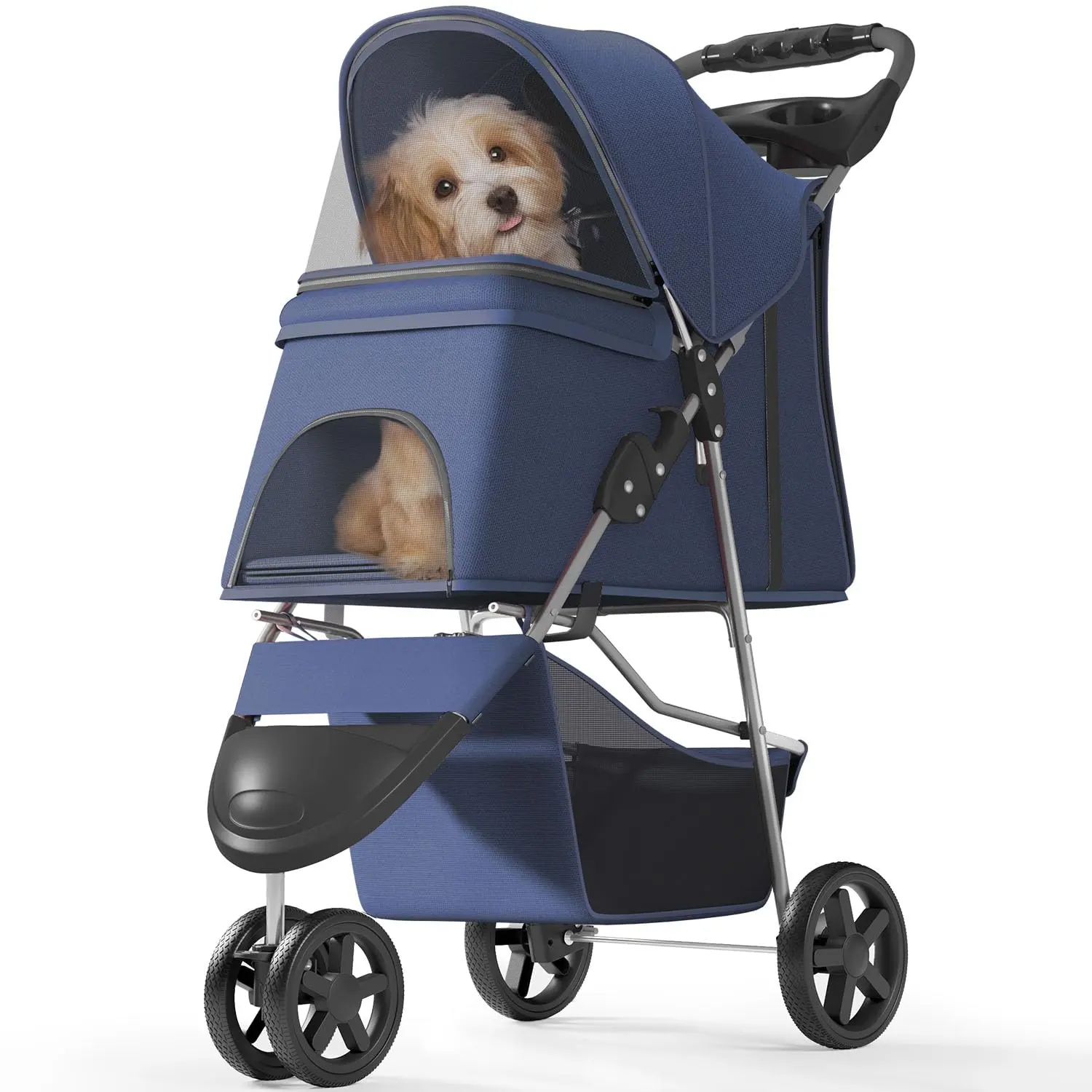 3-Wheel Standard Pet Stroller for Small-Medium Dogs/Cats - Safety-Enhanced, Collapsible Portable Camping Carrier with Brake Wheels, Storage Basket, Breathable Mesh Weather Cover, Cup Holders, Durable Fabric (Navy Blue)