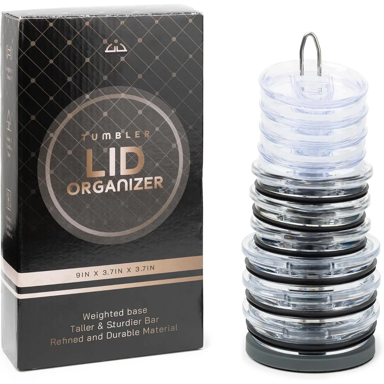 Tumbler Lid Organizer for Cabinet & Countertop - Slim Space-Saving Lid Holder with 9" Sturdy Bar & Weighted, Non-Slip Base - Vertical Storage Cup Lid Organizer - Collapsible Lid Rack for 10