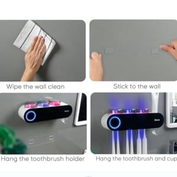 iHave Wall Mounted Electric Toothbrush Holders with 3 Cups, UV Sanitizer, Toothpaste Dispenser, Smart Home Bathroom Accessories & Decor, Black