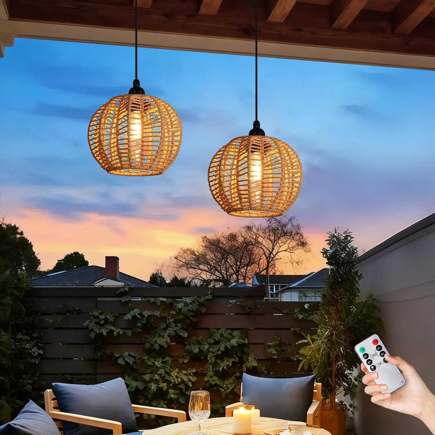 Battery Operated Chandelier 2Pack - Cactus Shape Boho Rattan Pendant Hanging Gazebo Lights, Outdoor Waterproof for Patio Tree Pergola Porch & Indoor DecorGift