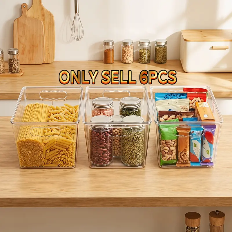 6PCS stackable transparent storage boxes with lids. Large plastic containers equipped with handles, ideal for organizing pantries, kitchens, refrigerators, cabinets, wardrobes and bathrooms.