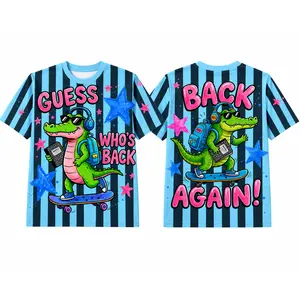 Youth Guess Who's Back Skate Crocodile Back To School Shirt, Black Blue Striped Double-Sided Graphic Short Sleeve Tee Top for Boys Gilrs, Gift for Teens