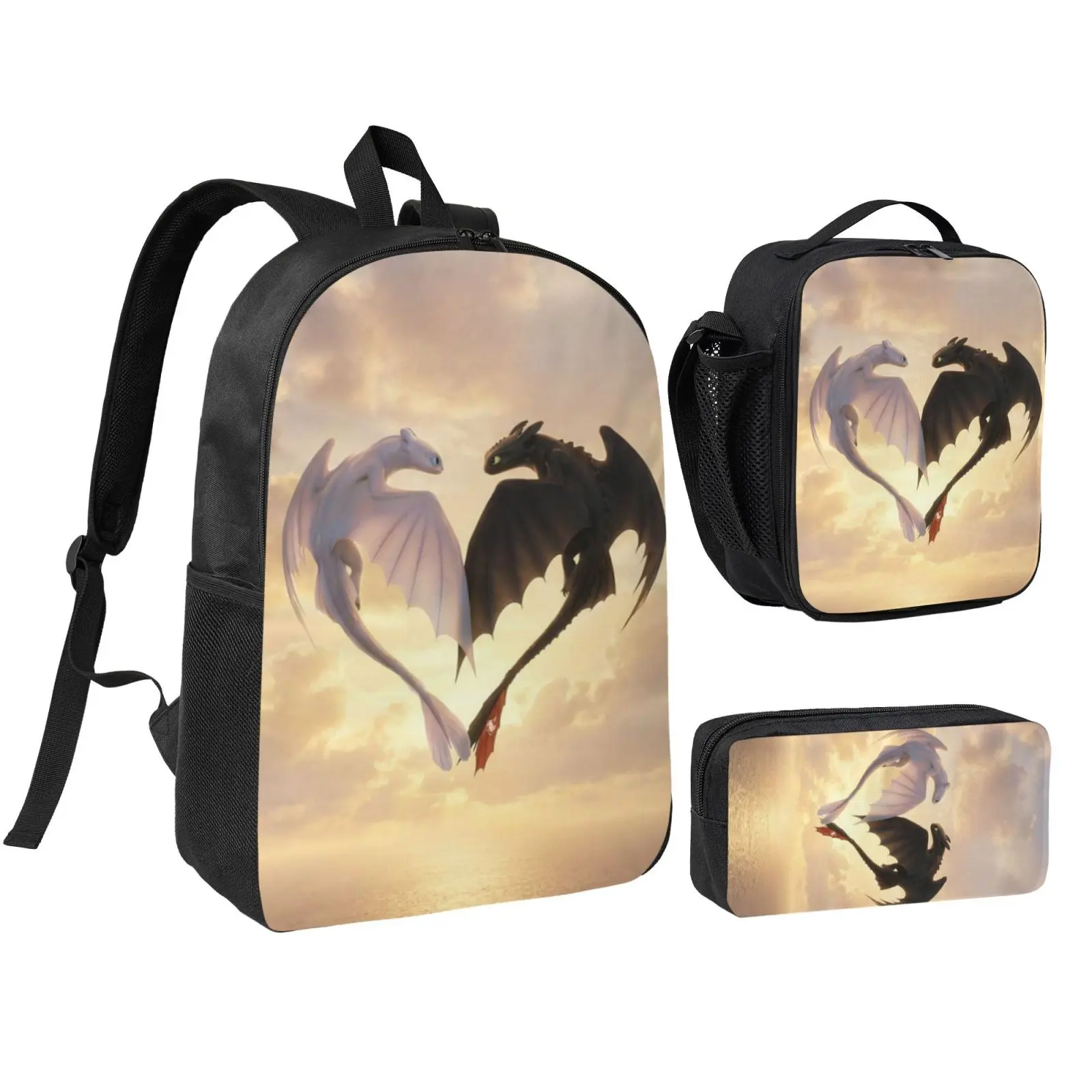 Anime Toothless3 Kids 3Pcs Multipurpose Teen Backpack Set with Adjustable Shoulder Straps, School Bookbag, Insulated Lunch Box & Pencil Bag for Boys Girls Daily School Travel Office