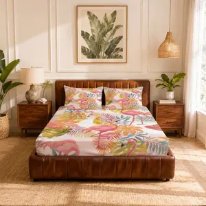 Tropical Flamingo & Palm Leaf Fitted Sheet 3Pcs Set (1 Fitted Sheet + 2 Pillowcases, No Pillow Inserts), Breathable Deep Pocket Design, Soft Skin-Friendly Fabric, Aesthetic Bedroom Bedding for Adults and Teens, Ideal as a Gift