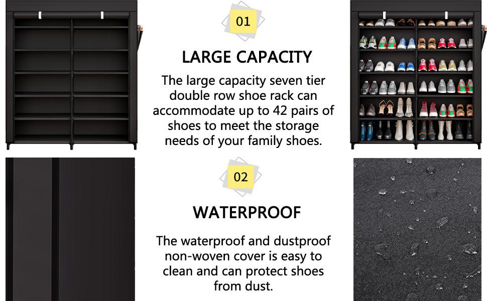 7-Tier Shoe Rack Storage Organizer 42 Pairs Portable Double Row with Dustproof Cover Non-Woven Shoe Storage Cabinet Metal Garage