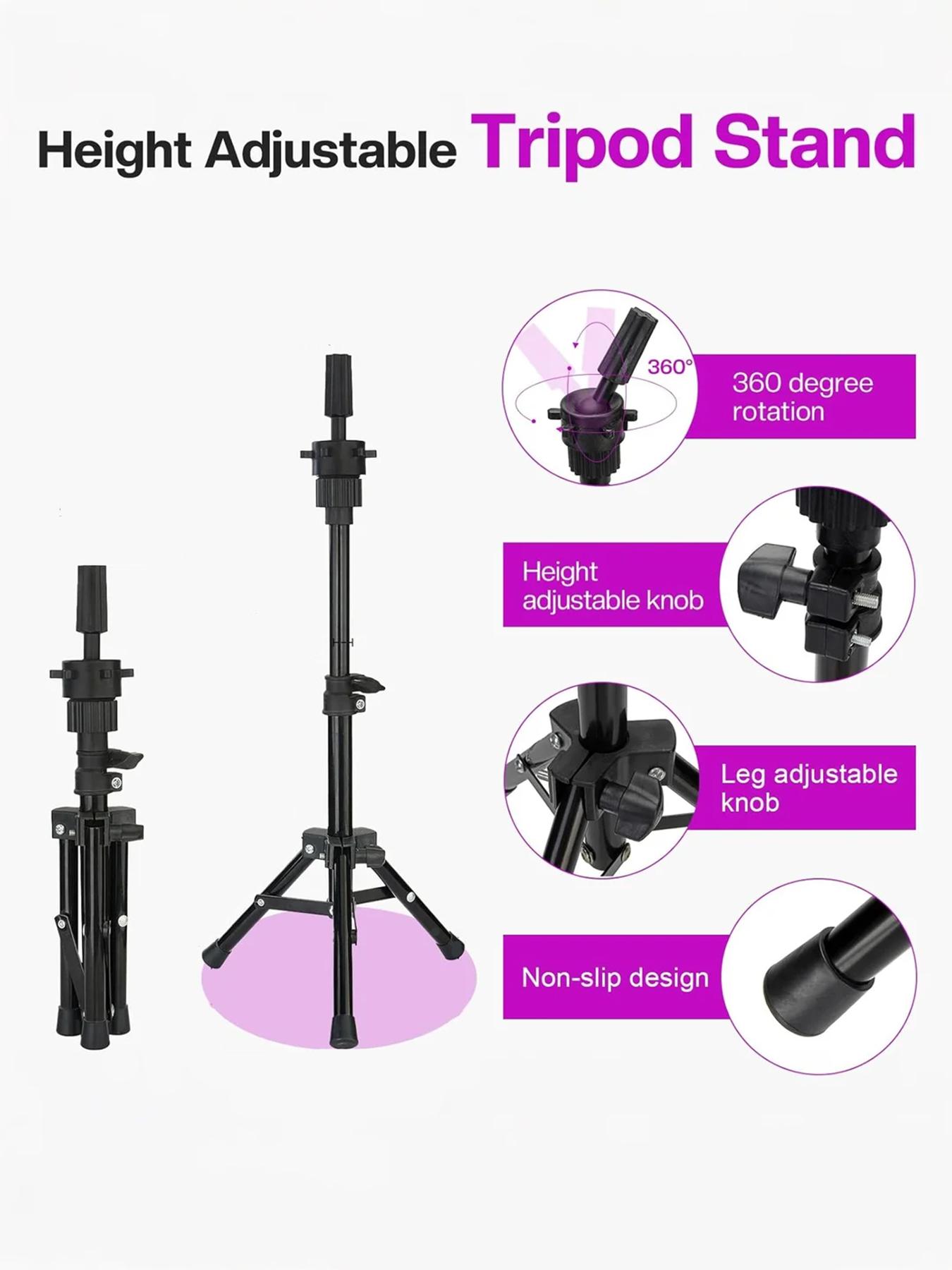 Complete Wig Styling Equipment for Novices: 22-inch Wig Stand + Tripod + T-Pins + Bristle Brush | Halloween Ready Wig Install Kit