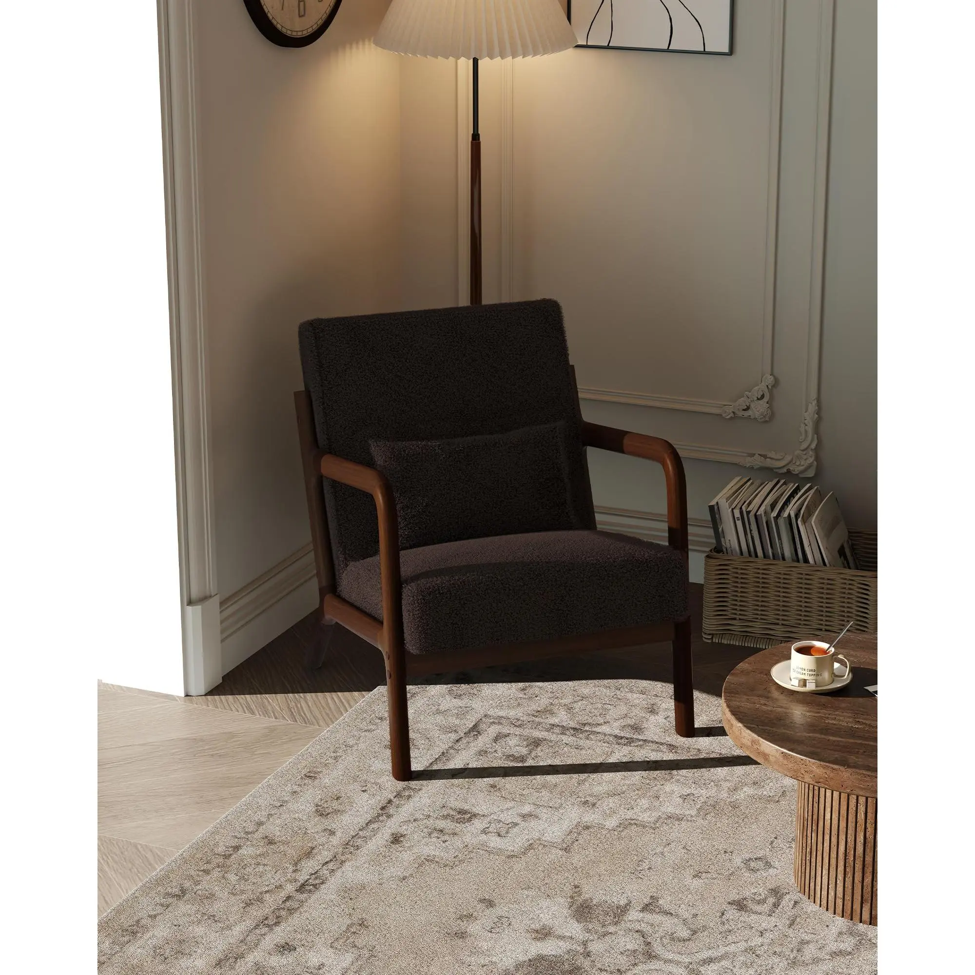 Garvee Modern Sherpa Accent Chair with Mid-Century Design, Solid Wood Frame, Lumbar Pillow Included, Ideal for Living Room, Bedroom, or Office in Brown