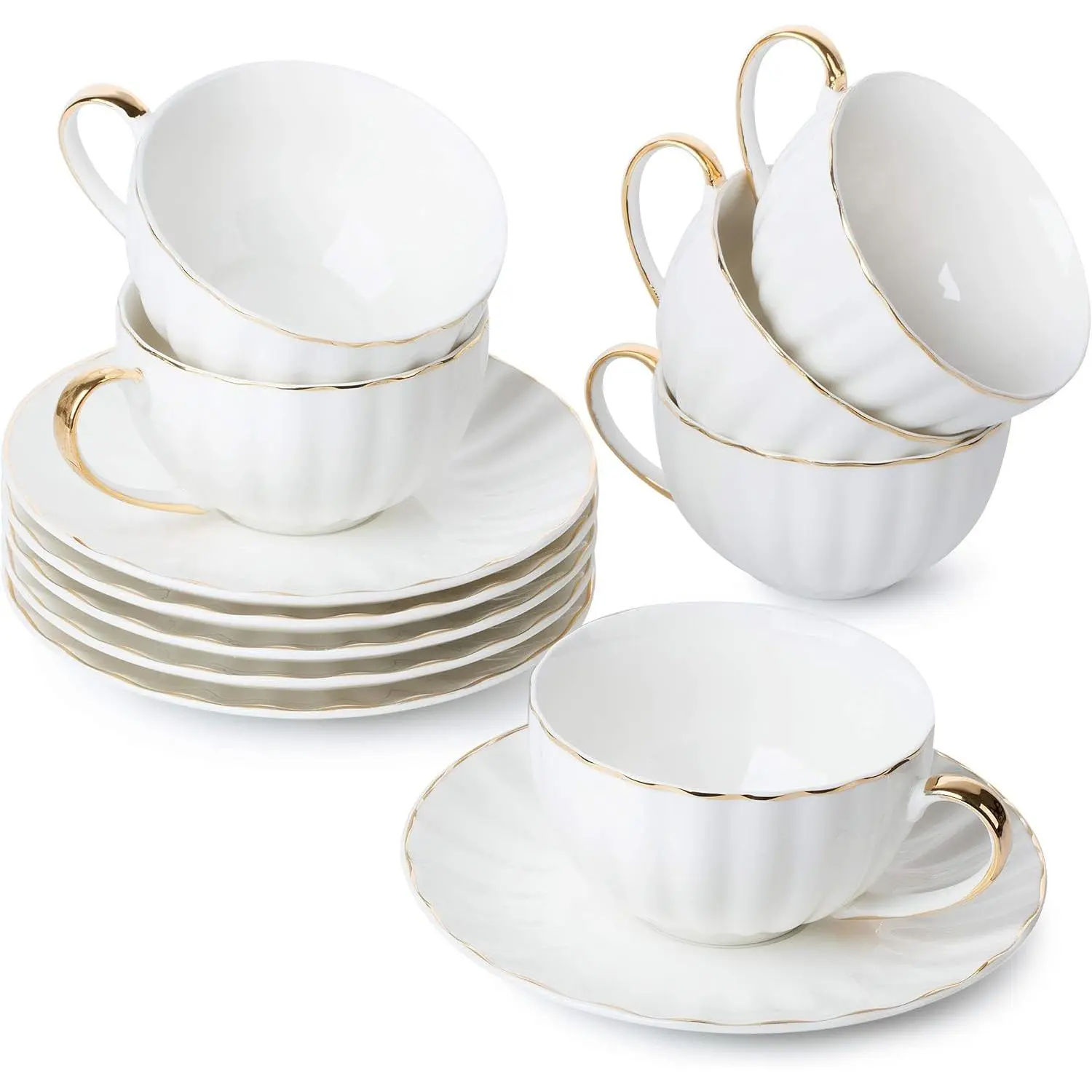 Glossy White Porcelain Cappuccino Cups with Saucers - 7 oz, Set of 6, Golden Trim, Dishwasher Safe, Ideal for Mocha, Tea Cups, Au Lait