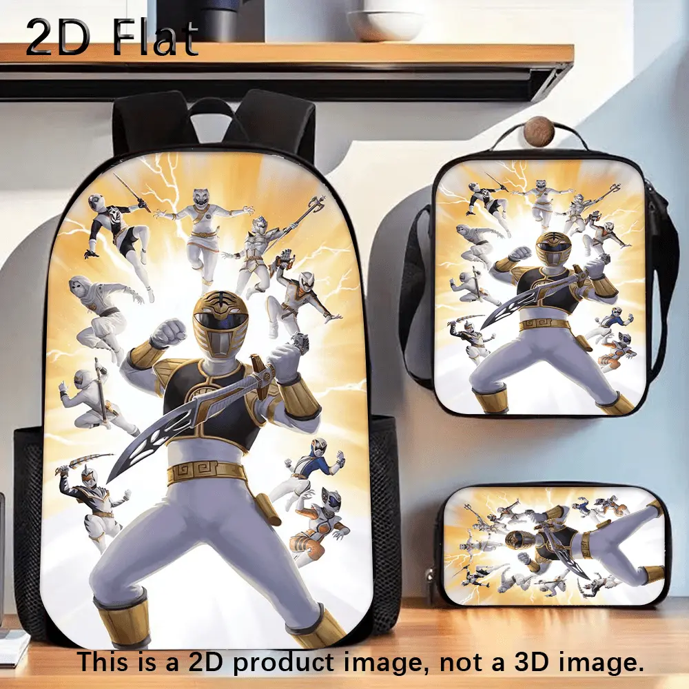 Durable Waterproof 3-Piece Backpack Set for Tokusatsu Fans, Lightweight Oxford School Bag with Lunch Bag & Pencil Case, Golden Lightning Burst Background White Tiger Ranger Power Team Group Graphic Print, Spacious 15in Laptop Backpack with Soft Padded Str
