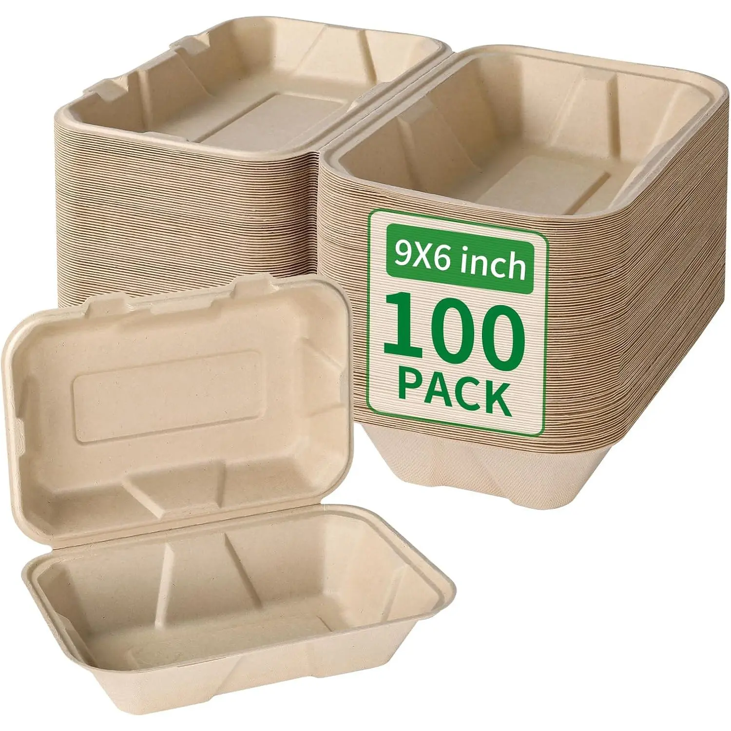 Compostable 100 Pack 9x6 Inch Takeout Lunch Box Containers with Lid To Go Take Out Clamshell for , Disposable   Bagasse, -Free, Brown