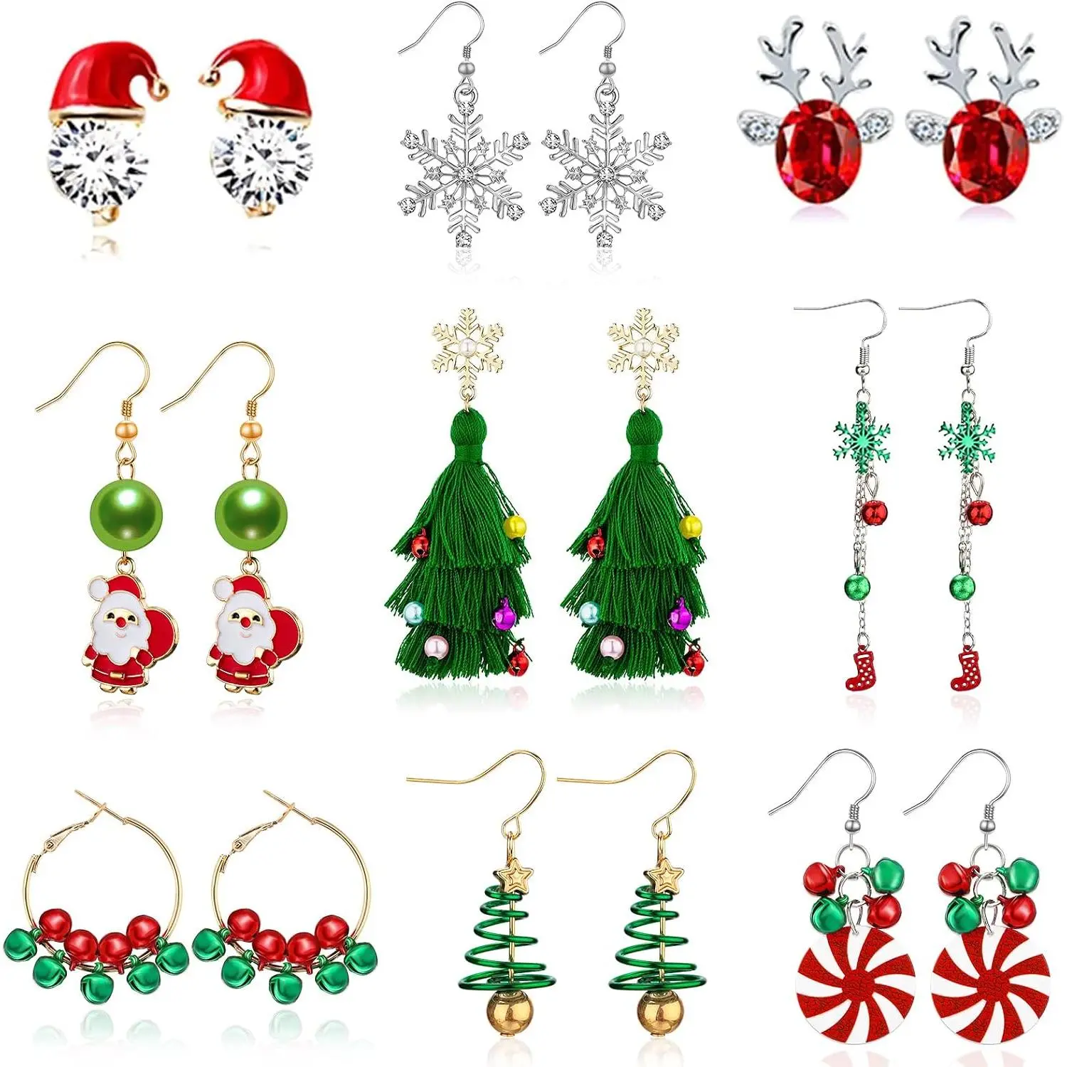 9 Pairs Christmas Holiday Earrings Christmas Tree Ball Snowflake Candy Bow Dangle Earrings Set for Women