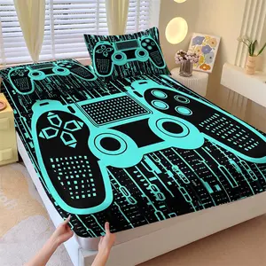 Cyan Game Controller Fitted Sheet Set-1 Bed Sheet & 2 Coreless Pillowcases-Fluorescent Cyan Game Controller & Circuit Board Code-Soft Non-Slip Deep Pocket Mattress Protector-Esports Tech Style Bedroom Decor